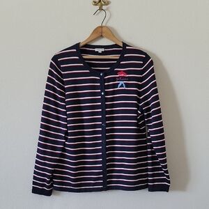 Talbots Cardigan Navy Red Striped Je T'aime Embroidered Sweater Size Large